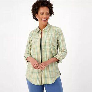 Susan Graver Weekend Petite Yarn-Dyed Plaid Button-Front Shirt-Taupe/Lime-LP